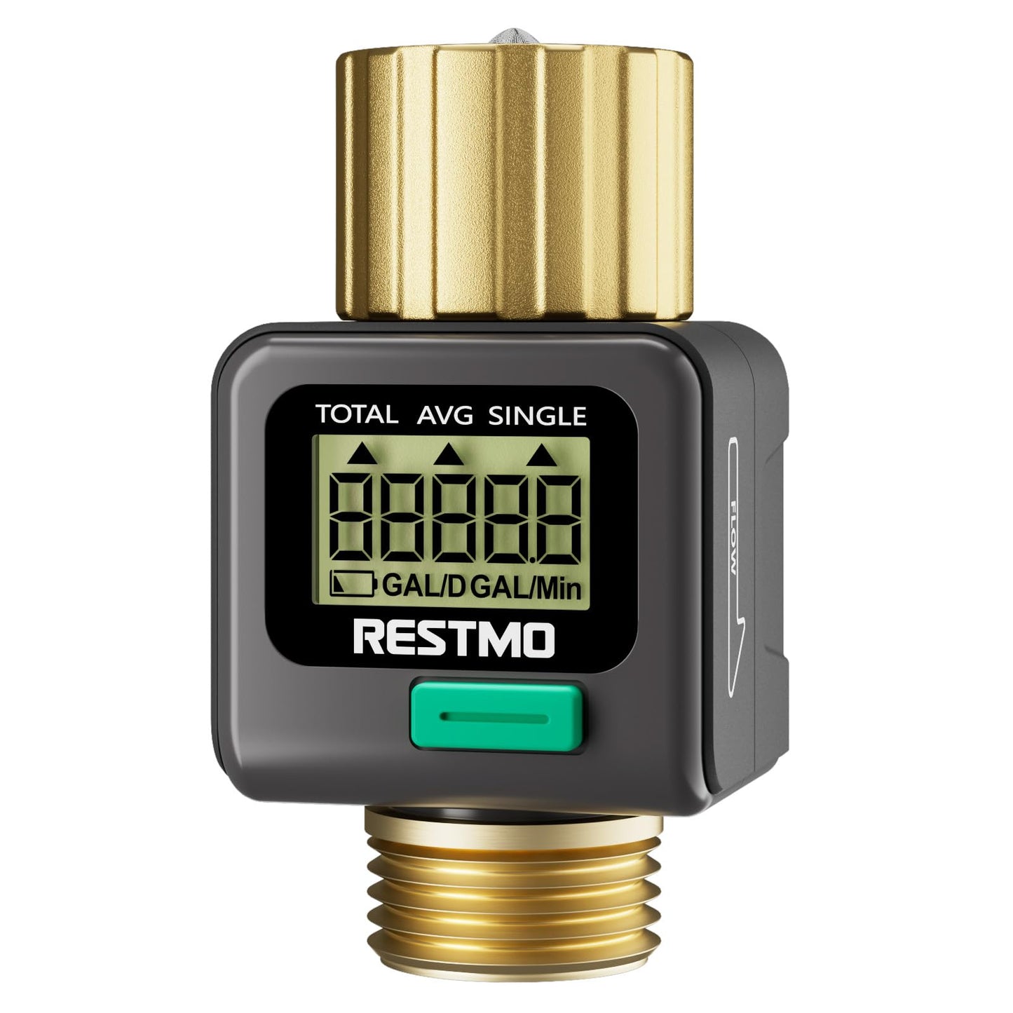 RESTMO Water Flow Meter, Pure Brass Inlet & Outlet | 4 Measure Modes | Display Gallon/Liter Usage and Flow Rate | Ideal to Outdoor Garden Hose, Lawn Sprinkler Watering, RV Water Tank Filling