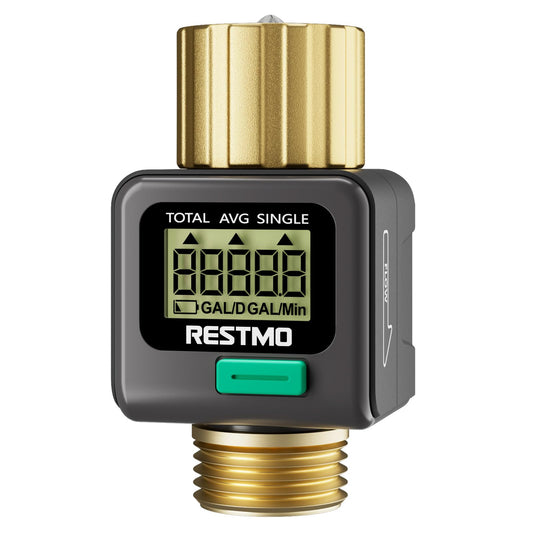 RESTMO Water Flow Meter, Pure Brass Inlet & Outlet | 4 Measure Modes | Display Gallon/Liter Usage and Flow Rate | Ideal to Outdoor Garden Hose, Lawn Sprinkler Watering, RV Water Tank Filling
