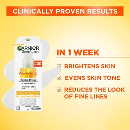 Garnier Face Sunscreen SkinActive Vitamin C UV Brightening Daily Cream SPF 30, Brightening & Protection, Lightweight Moisturizer, UV Defense with Vitamin C, 75ml