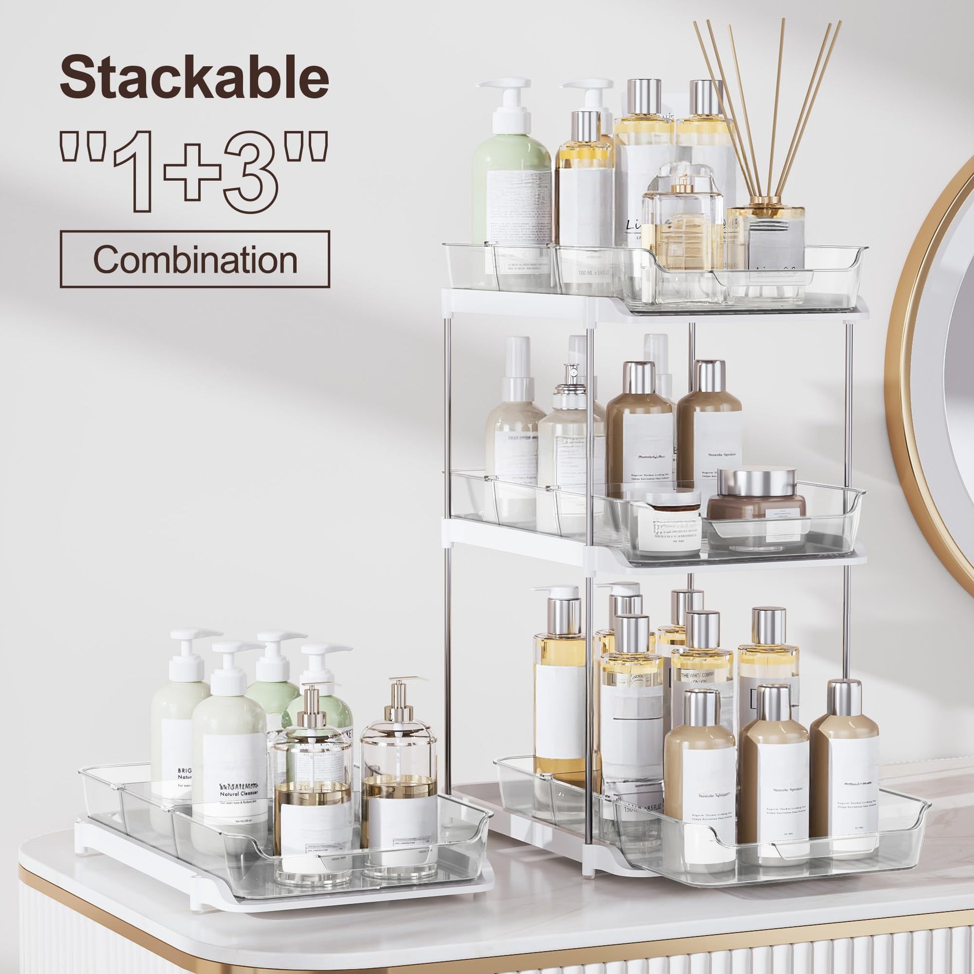 Delamu 2-Tier Multi-Purpose Bathroom Under Sink Organizers and Storage, Stackable Kitchen Pantry Organization, Pull Out Medicine Cabinet Organizer with Movable Dividers, White, 2 Pack - Available at All In One Marketplace Canada