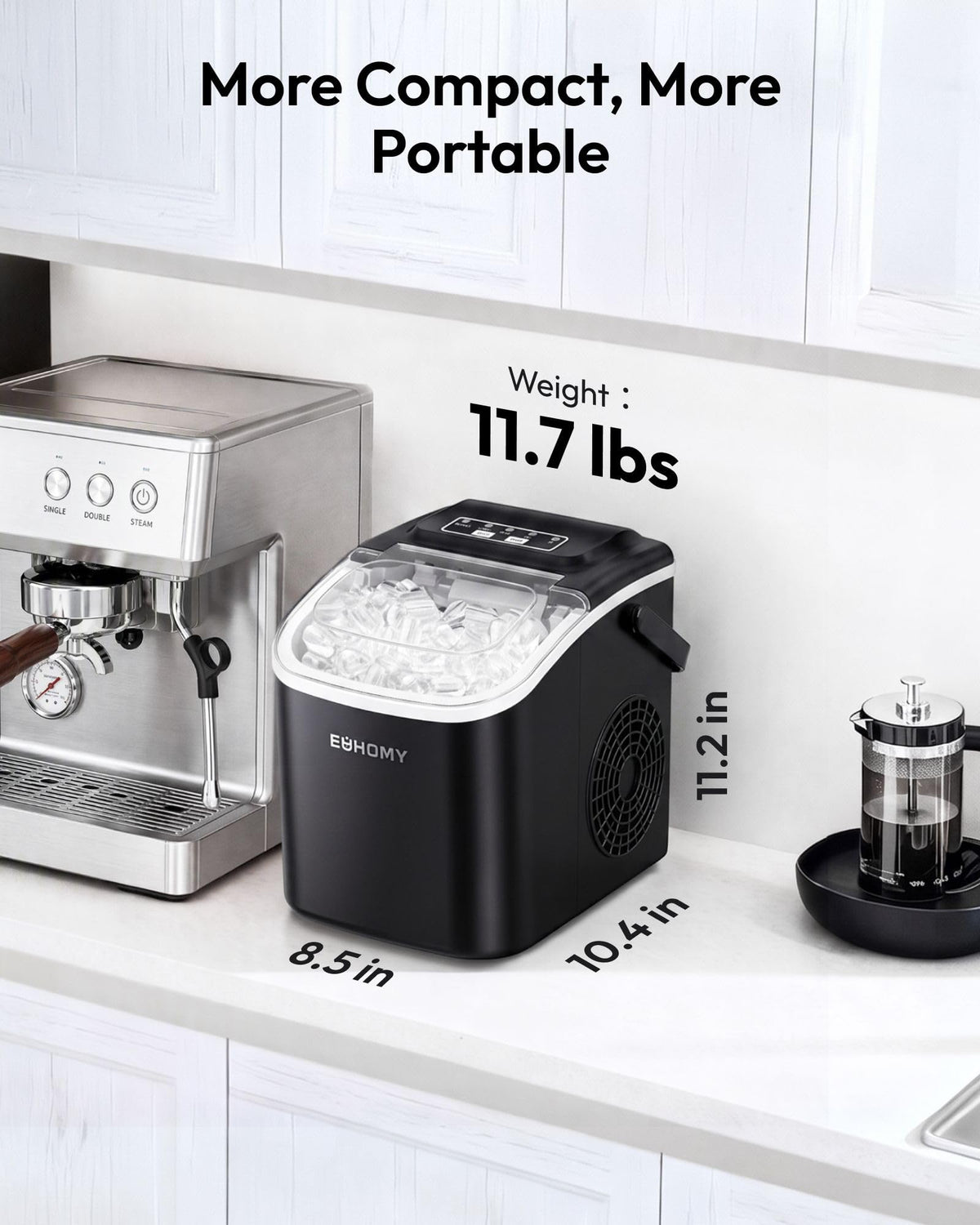 Euhomy Ice Making Machine, 26.5 lbs/24H Countertop Ice Maker with Self-Cleaning, 8 Bullet Ice Cubes Ready in 6 Mins, Compact Portable Ice Maker for Home, Kitchen, Office, Bar, Parties (Dark Black)