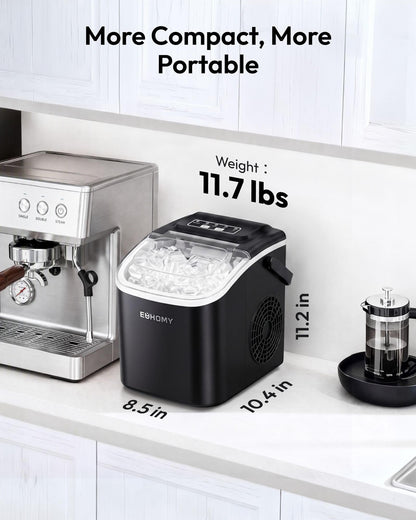 Euhomy Ice Making Machine, 26.5 lbs/24H Countertop Ice Maker with Self-Cleaning, 8 Bullet Ice Cubes Ready in 6 Mins, Compact Portable Ice Maker for Home, Kitchen, Office, Bar, Parties (Dark Black)