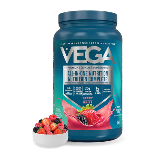 Vega Premium All-in-One Nutrition Protein Powder – 20g Plant-Based Vegan Protein, Vitamins & Probiotics, Berry, 850g (20 Servings)