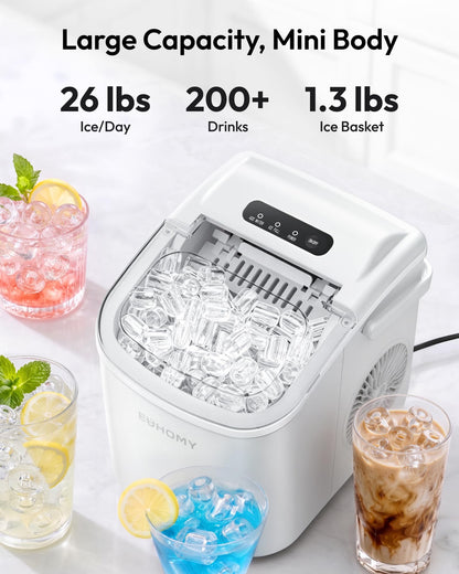 EUHOMY Countertop Ice Maker Machine with Handle, 26lbs Per Day, 9 Ice Cubes Ready in 6 Mins, Auto-Cleaning Portable Ice Maker with Basket and Scoop, for Home/Kitchen/Camping/RV (White)