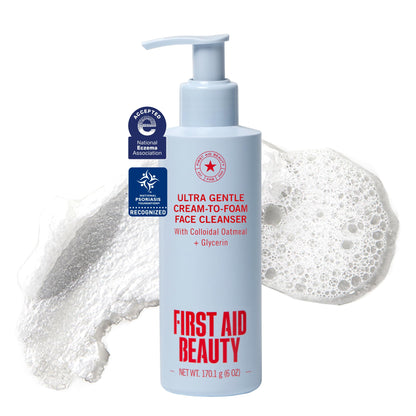 First Aid Beauty Ultra Gentle Cream-to-Foam Pure Facial Cleanser – Makeup Removing Face Cleanser - Face Wash with Colloidal Oatmeal & Glycerin, for Sensitive, Acne & Blemish-Prone Skin, 6 oz
