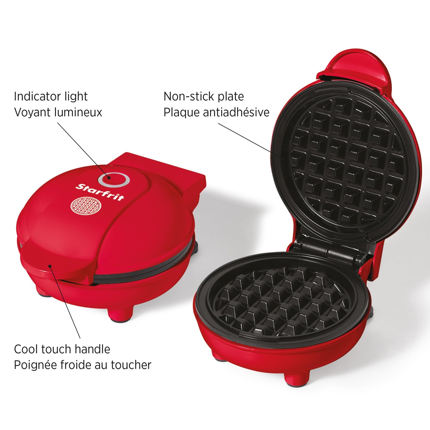 Starfrit Electric Mini Waffle Maker - 4" Non-Stick Cooking Surface - Easy to Use & Clean - Red - 350W - Available at All In One Marketplace Canada