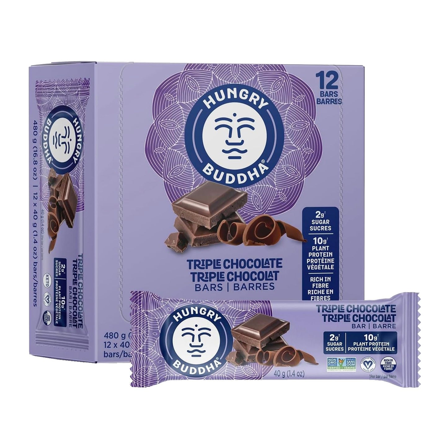 Hungry Buddha Plant-Based Protein Bars - Triple Chocolate, Low Sugar, High Protein (Pack of 12)
