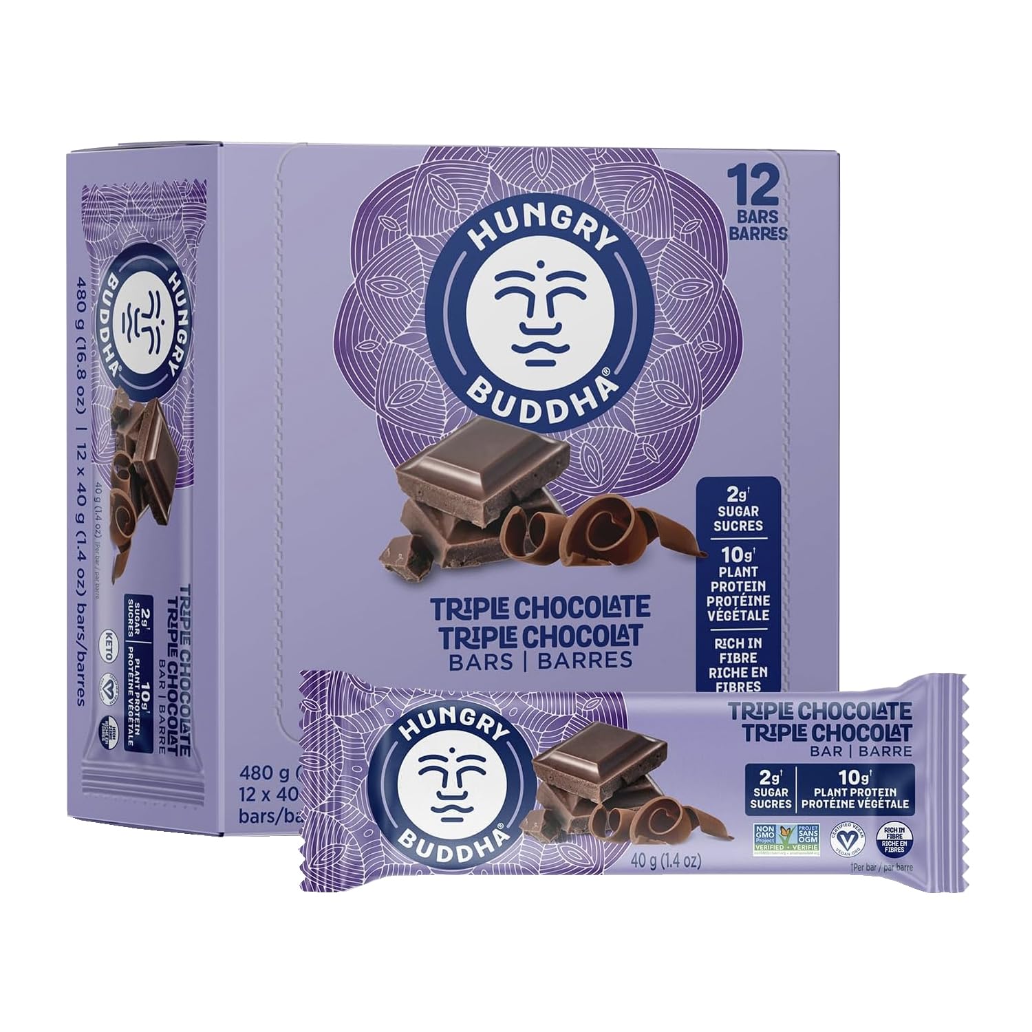 Hungry Buddha Plant-Based Protein Bars - Triple Chocolate, Low Sugar, High Protein (Pack of 12)