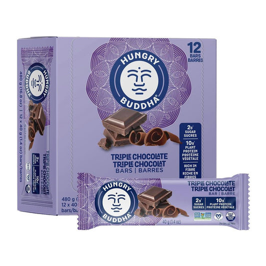 Hungry Buddha Plant-Based Protein Bars - Triple Chocolate, Low Sugar, High Protein (Pack of 12)