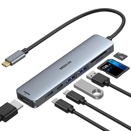 USB C Hub HDMI Adapter for MacBook Pro/Air, MOKiN 7 in 1 USB C Dongle with HDMI, microSD/SD Card Reader, USB C Data Port,100W PD, and 2 USB 3.0 Compatible for MacBook Pro/Air, Dell XPS, Thinkpad.