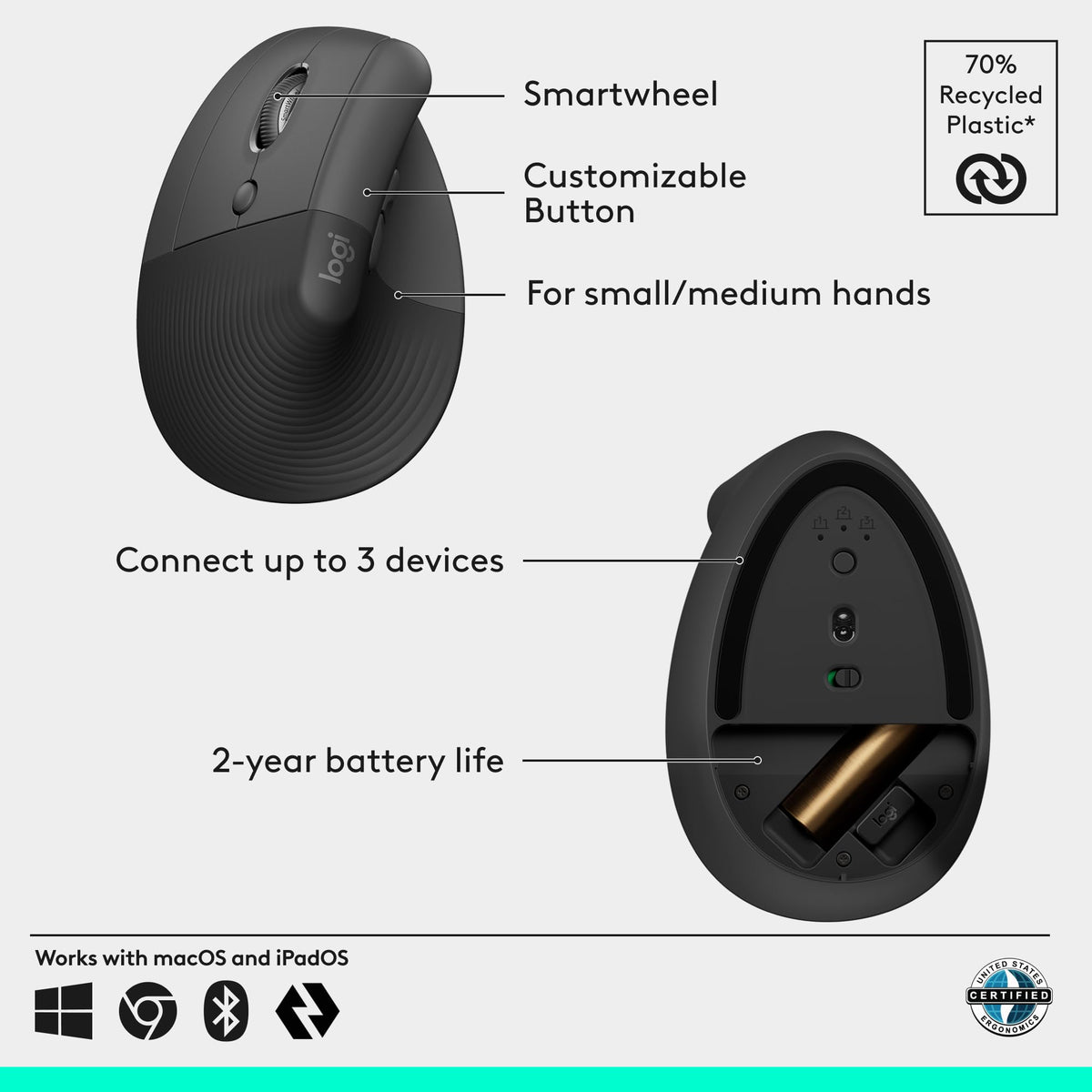 Logitech Left Handed Lift Vertical Ergonomic Wireless Mouse - Graphite