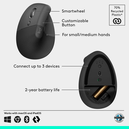 Logitech Left Handed Lift Vertical Ergonomic Wireless Mouse - Graphite