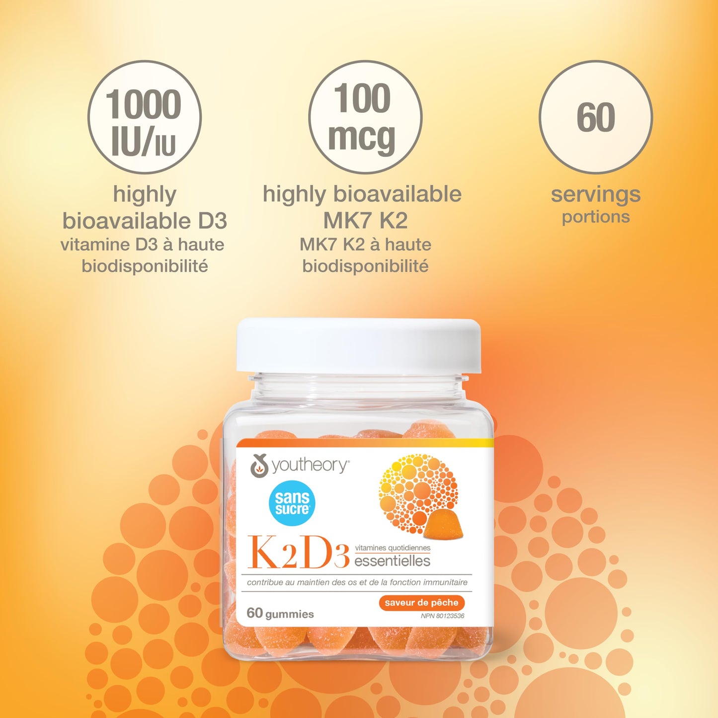 Youtheory K2D3 Zero Sugar Gummies, 1000 IU D3 & MK-7 100 mcg K2, Helps Develop & Maintain Bones & Teeth, Peach Flavour, Vegetarian, 60 Gummies Youtheory