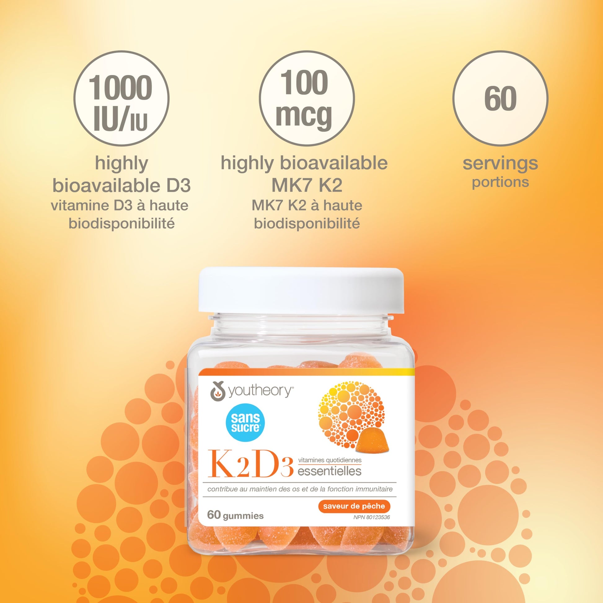 Youtheory K2D3 Zero Sugar Gummies, 1000 IU D3 & MK-7 100 mcg K2, Helps Develop & Maintain Bones & Teeth, Peach Flavour, Vegetarian, 60 Gummies Youtheory