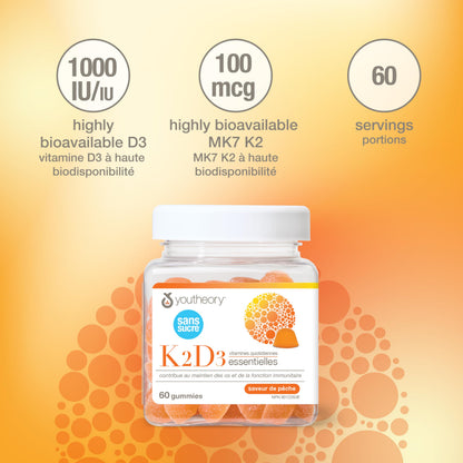 Youtheory K2D3 Zero Sugar Gummies, 1000 IU D3 & MK-7 100 mcg K2, Helps Develop & Maintain Bones & Teeth, Peach Flavour, Vegetarian, 60 Gummies Youtheory