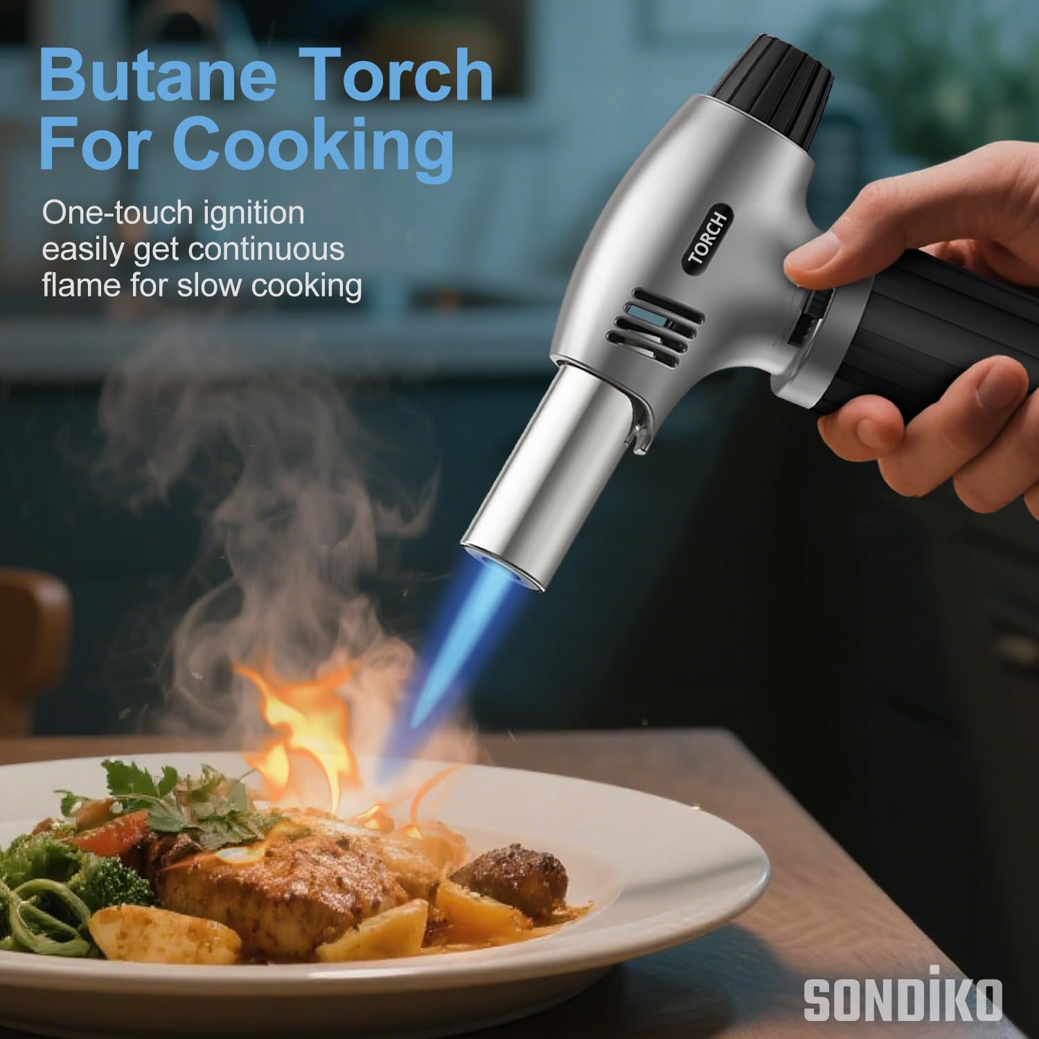 Sondiko Butane Torch, Refillable Kitchen Torch Lighter, Fit All Butane Tanks Blow Torch with Safety Lock and Adjustable Flame for Desserts, Creme Brulee, BBQ, and Baking—Butane Gas is Not Included - Available at All In One Marketplace Canada