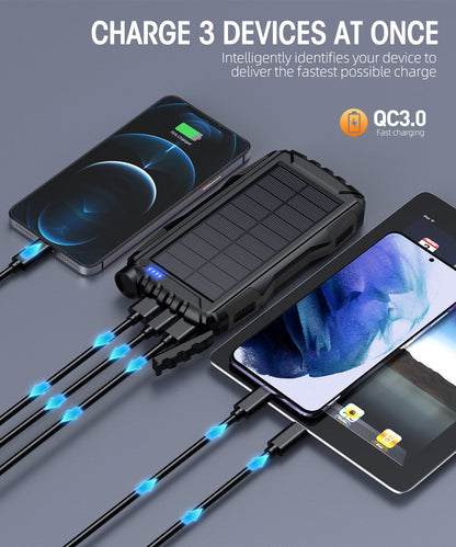 Solar Charger, Power Bank, 42800mAh Portable Charger Power Bank External Battery Pack 5V3.1A Qc 3.0 Fast Charger Built-in Super Bright Flashlight (Black)