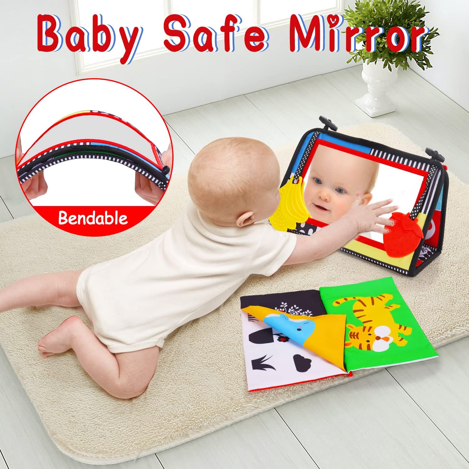 Tummy Time Baby Mirror Toy, Black and White High Contrast Baby Newborn Toys 3 6 12 Months, Montessori Crinkle Cloth Book Sensory Activity Development Gift for 0-6 Months Infant Boys Girls Easter Gift