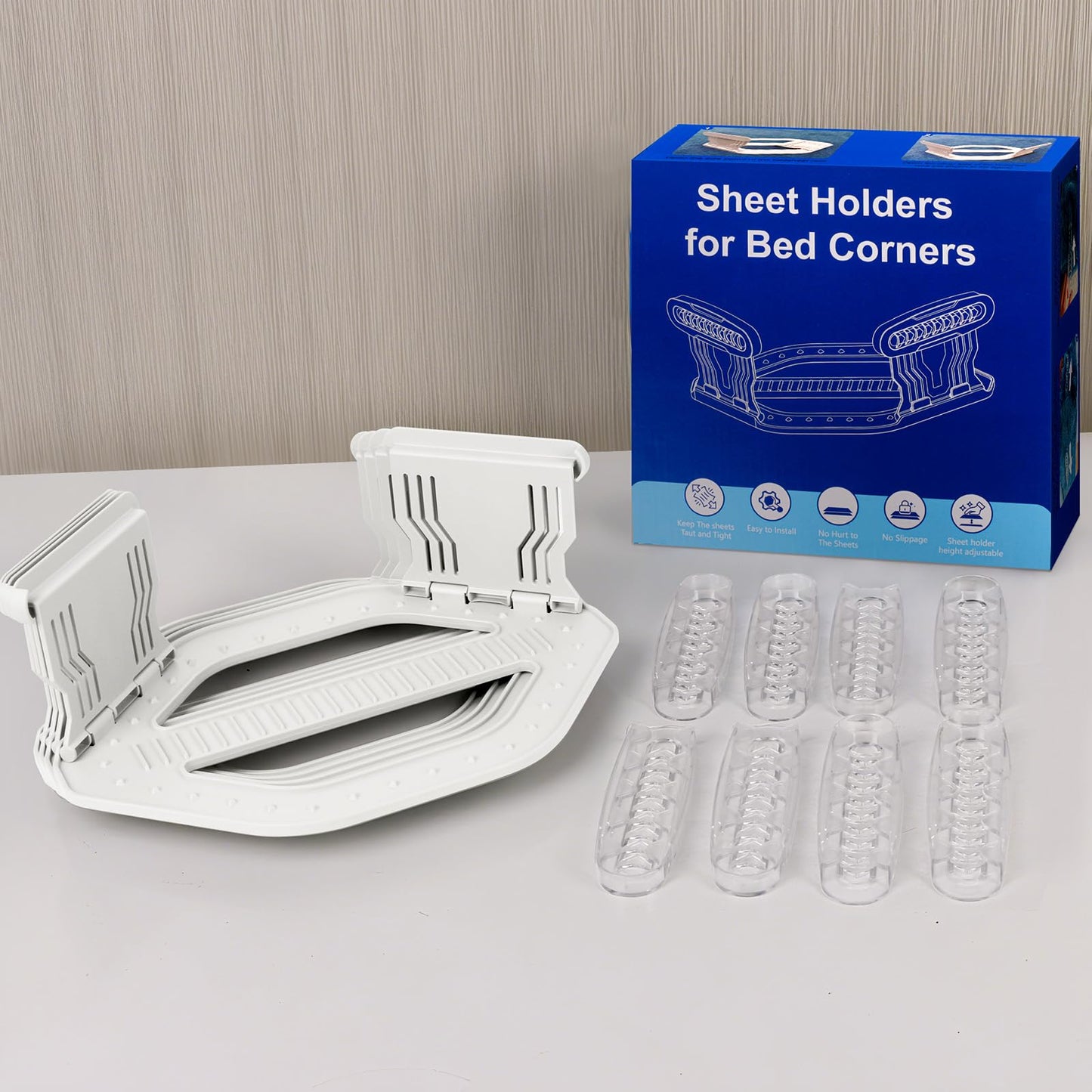 AMOVO Bed Sheet Holders for Corners Keep Sheets in Place Firmly - Foldable Fitted Sheet Holders Heavy Duty Sheet Locks Mattress Sheet Fasteners, Set of 4 Lock Sheet Clips (White) - Available at All In One Marketplace Canada
