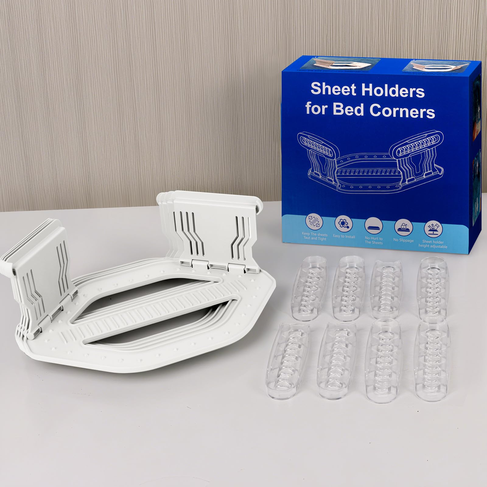 AMOVO Bed Sheet Holders for Corners Keep Sheets in Place Firmly - Foldable Fitted Sheet Holders Heavy Duty Sheet Locks Mattress Sheet Fasteners, Set of 4 Lock Sheet Clips (White) - Available at All In One Marketplace Canada