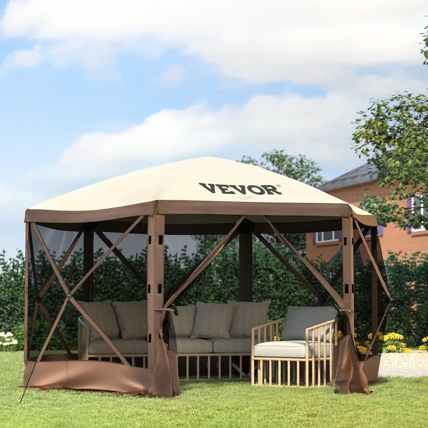 VEVOR Camping Gazebo Tent, 12'x12', 6 Sided Pop-up Canopy Screen Tent for 8 Person Camping, IPX3 Water-Resistant Screen Shelter w/Portable Storage Bag, Ground Stakes, Mesh Windows, Brown & Beige