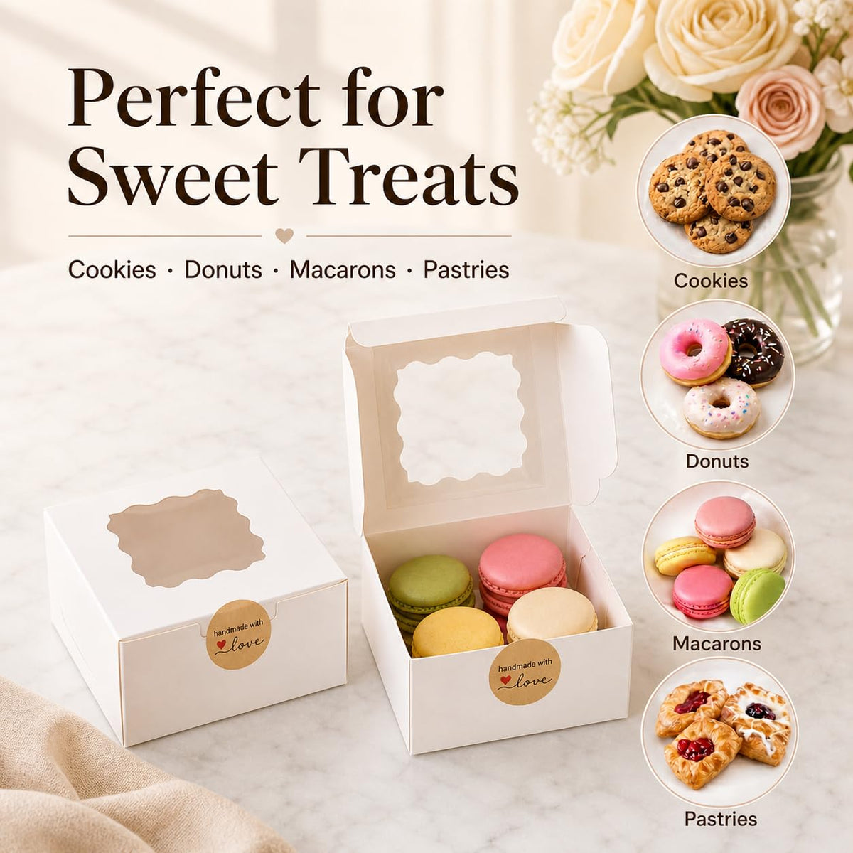 50 Pcs White Bakery Boxes with Window, 6x6x3 inches Cookie Boxes with Stickers Macaroon Boxes Small Treat Boxes Mini Cake Boxes for Dessert, Pastry, Sturdy Take Out Container for Party Wedding Favor 🍁 All In One Marketplace Canada