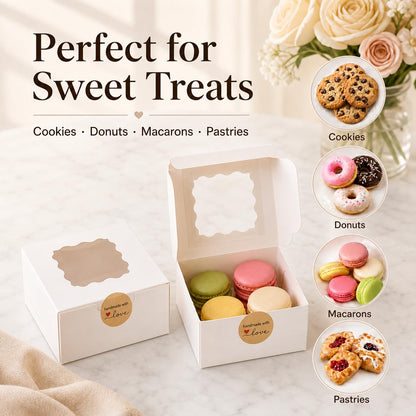 50 Pcs White Bakery Boxes with Window, 6x6x3 inches Cookie Boxes with Stickers Macaroon Boxes Small Treat Boxes Mini Cake Boxes for Dessert, Pastry, Sturdy Take Out Container for Party Wedding Favor 🍁 All In One Marketplace Canada