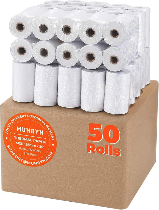 MUNBYN Thermal Paper Roll 2-1/4" x 50' ft, 50 Rolls BPA Free Receipt Paper, 2.25 x 50 ft Thermal Printer Paper Fits 58mm Mini Thermal POS Printer & Square Terminal Credit Card Machines