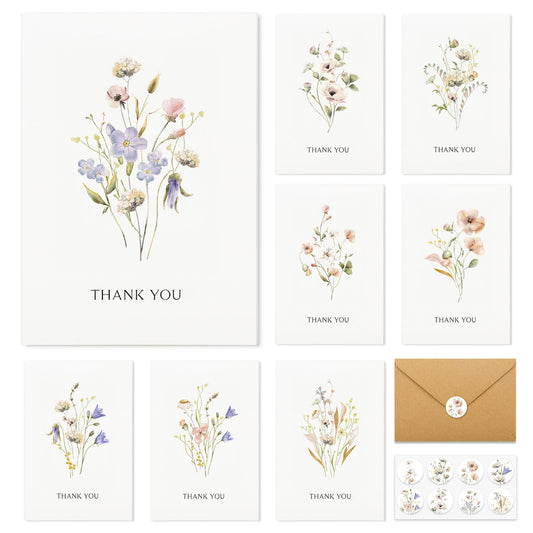 Thank You Cards with Envelopes - 32 Pack Wildflower Blank Cards With Adhesive Envelopes & Matching Stickers Perfect for Wedding, Bridal Showers, Baby Showers,Birthday, All Occasion