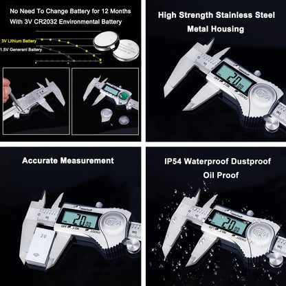 Kynup Digital Caliper, Calipers 6 Inch Measuring Tool with Stainless Steel, IP54 Splash Proof Protection Design, Easy Switch from Inch Metric Fraction, Large LCD Screen (150mm)