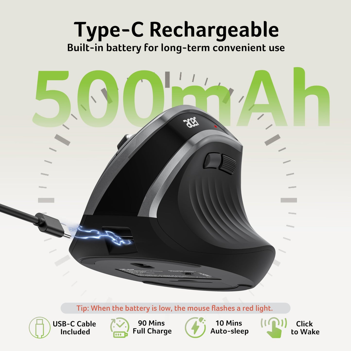 Acer Wireless Ergonomic Mouse, Rechargeable Vertical Mouse, 3 Adjustable DPI 1600/1200/1000, Ergo Mice, 2.4GHz Computer Mouse with 6 Buttons, 2.4GHz USB Receiver for Laptop, PC, Desktop