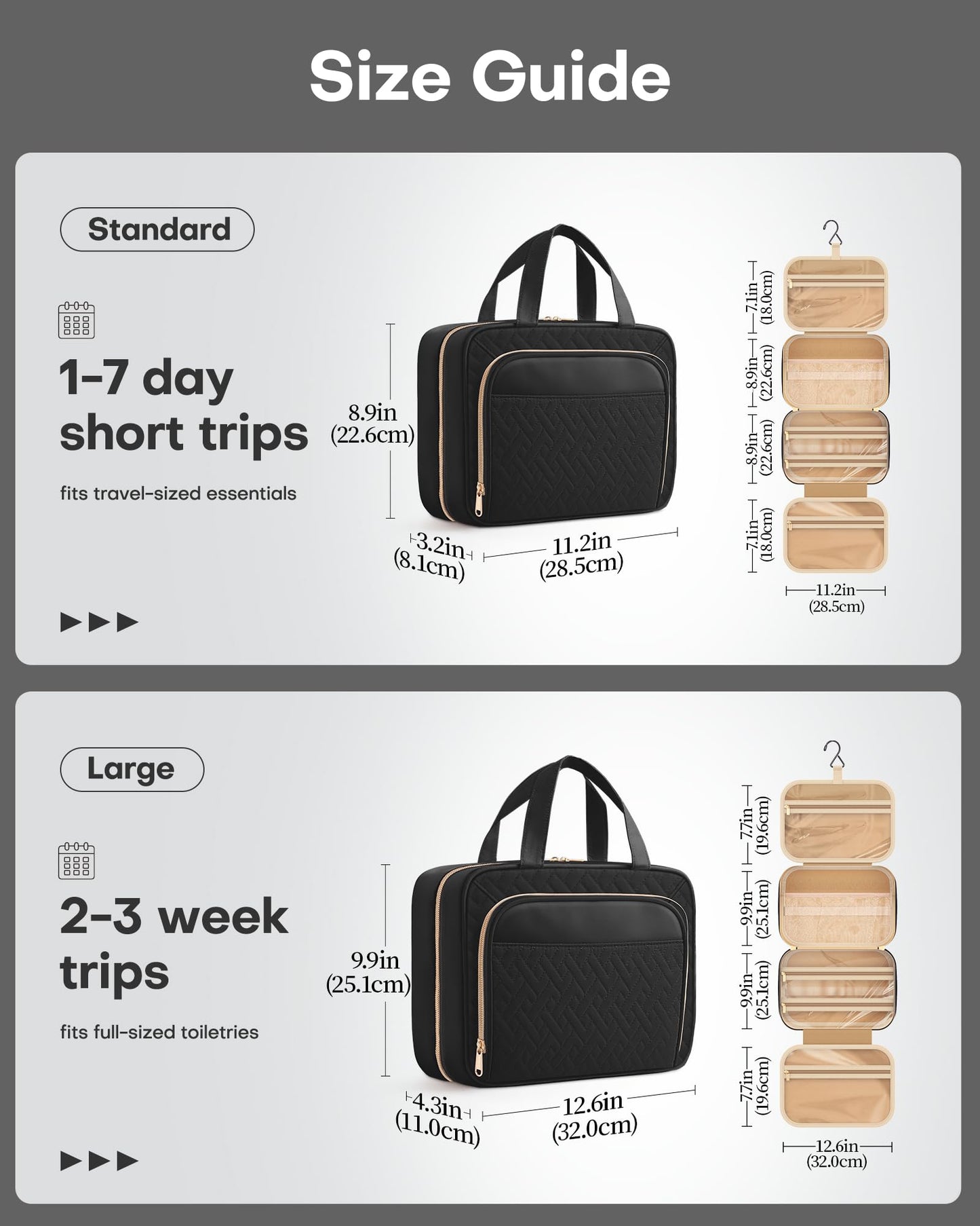 HOTOR Travel Toiletry Bag for Women - Spacious Toiletry Bag for Men, Waterproof Makeup Bag with Hanging Hook and Multiple Pockets, Travel Accessories, Travel Essentials, Black, Medium