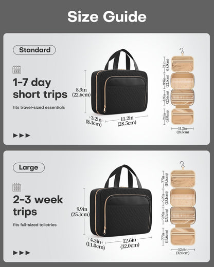 HOTOR Travel Toiletry Bag for Women - Spacious Toiletry Bag for Men, Waterproof Makeup Bag with Hanging Hook and Multiple Pockets, Travel Accessories, Travel Essentials, Black, Medium