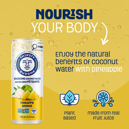 THIRSTY BUDDHA Sparkling Coconut Water with Pineapple – Sugar-Free, Electrolyte-Rich Hydration, 12 Pack (12 x 330ml)