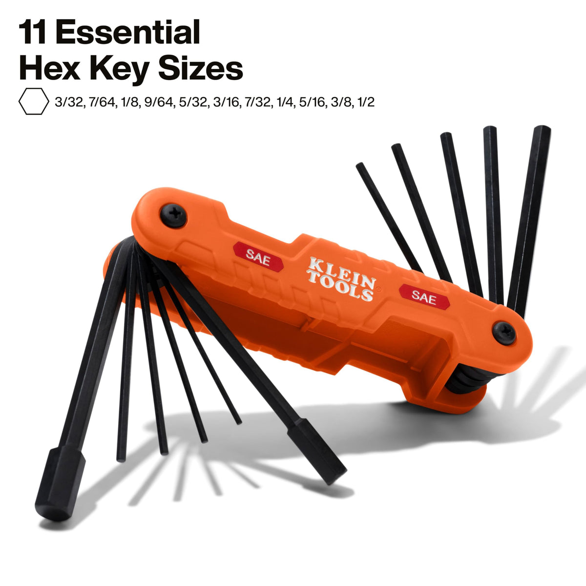 Klein Tools 70550 Hex Wrench Key Set, 11 SAE Sizes, Heavy Duty Folding Allen Wrench Tool with Extra Long Hex Keys