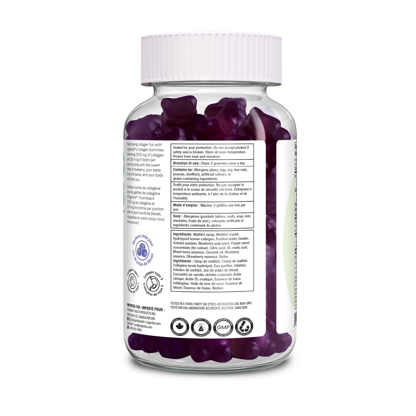 Organika Collagen Gummies with Biotin – 2500 mg Collagen Peptides Per Serving for Skin, Hair and Joint Health – Blueberry Bliss Flavour, Easy to Take – 90 Gummies - Available at All In One Marketplace Canada