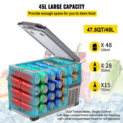 VEVOR 45L Portable Car Refrigerator 48 Quart LG Compact RV Fridge 12/24V DC & 110-240V AC Vehicle Car Truck Boat Mini Electric Freezer for Driving Travel Fishing Outdoor and Home Use -4°F-68°F, Grey VEVOR