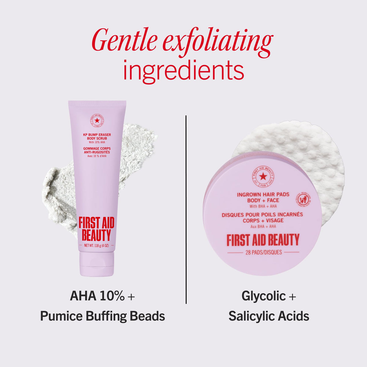 First Aid Beauty Smooth Skin Body Bestsellers Set, KP Bump Eraser Body Scrub + Ingrown Hair Pads, AHA Body Scrub and Razor Bump Pads, Keratosis Pilaris Treatment 2-Piece Gift Set, 28 ct, Unscented