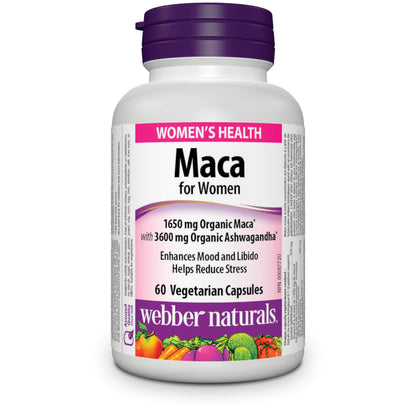 Webber Naturals Maca for Women, 60 Capsules, Contains Organic Maca & KSM-66 Ashwagandha, Women's Health Support, Vegetarian - Available at All In One Marketplace Canada