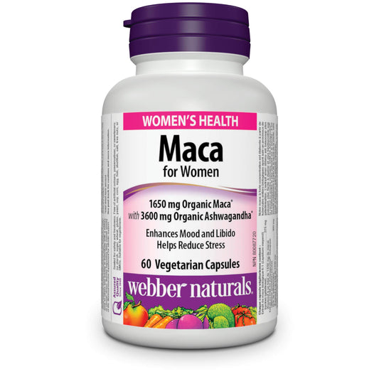 Webber Naturals Maca for Women, 60 Capsules, Contains Organic Maca & KSM-66 Ashwagandha, Women's Health Support, Vegetarian - Available at All In One Marketplace Canada