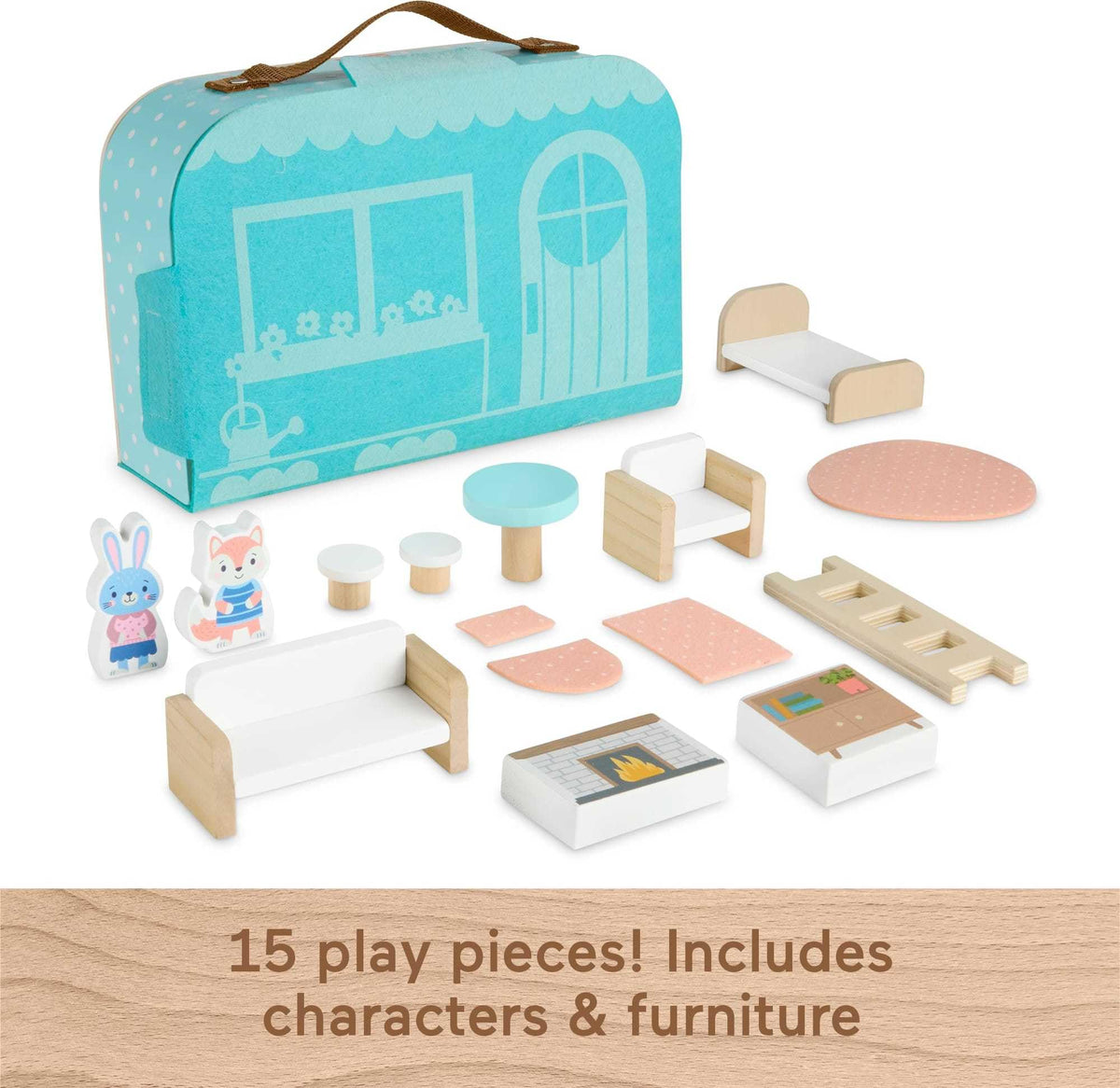 Fisher-Price Wood Pretend Play Toy Dollhouse Carry Along, 15-Piece Wooden Portable Playset for Travel Preschool Kids Ages 3+ Years