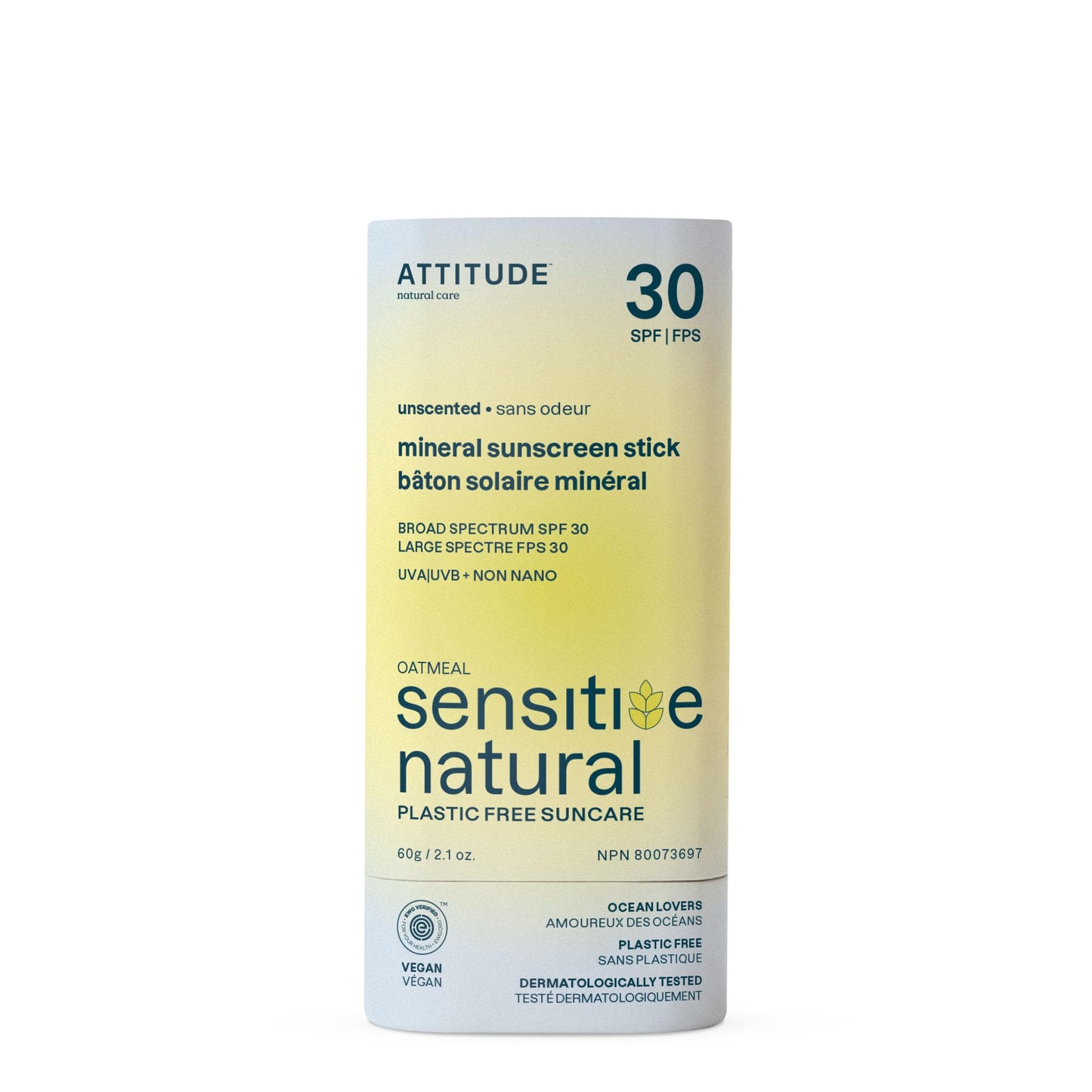 ATTITUDE Mineral Sunscreen Stick for Sensitive Skin, SPF 30, Made in Canada, EWG Verified, Plastic-Free, Broad Spectrum UVA/UVB Protection with Zinc Oxide, Dermatologically Tested, Vegan, Unscented, 60 grams ATTITUDE