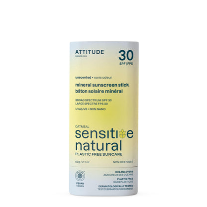 ATTITUDE Mineral Sunscreen Stick for Sensitive Skin, SPF 30, Made in Canada, EWG Verified, Plastic-Free, Broad Spectrum UVA/UVB Protection with Zinc Oxide, Dermatologically Tested, Vegan, Unscented, 60 grams ATTITUDE