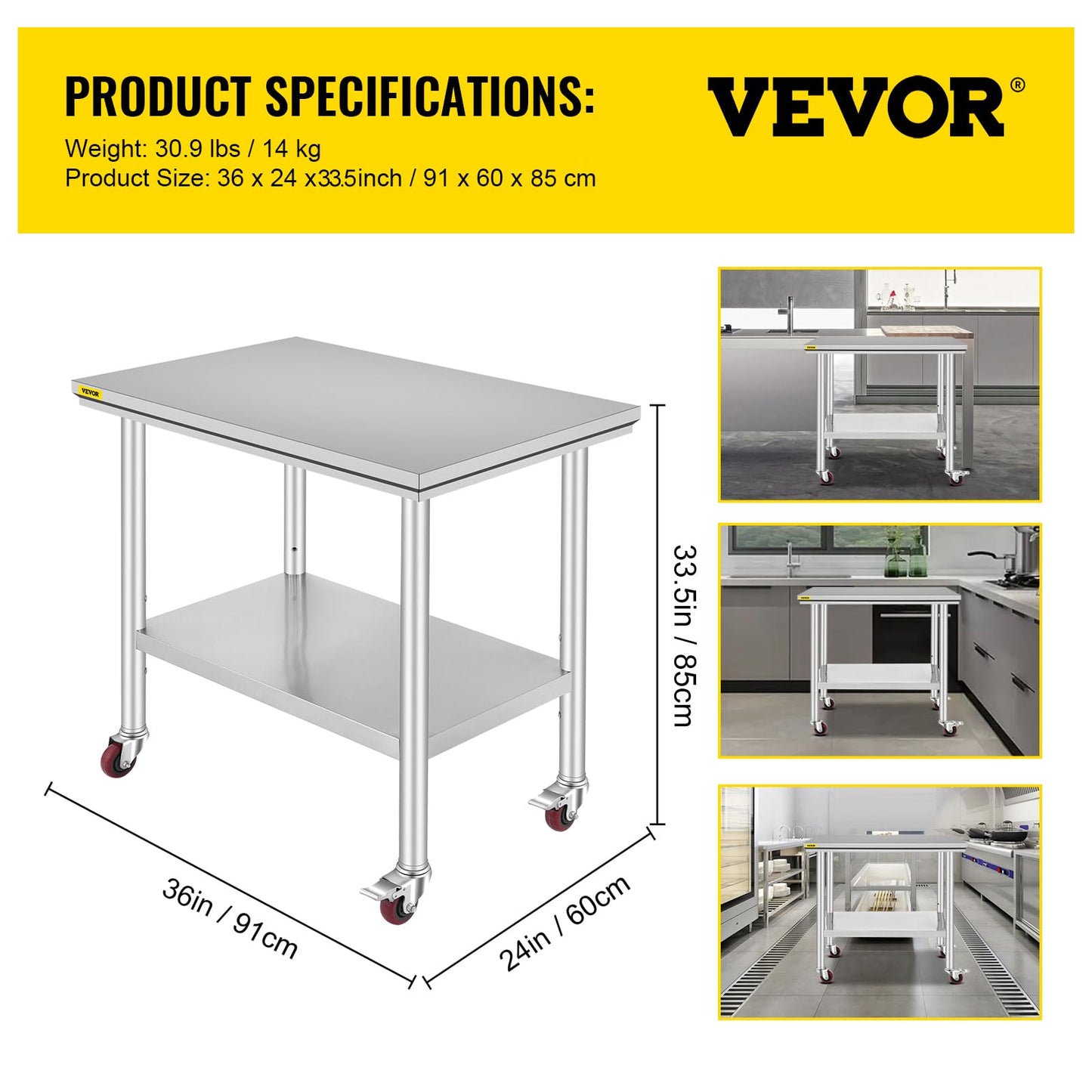 VEVOR 36x24x33.5 inch Stainless Steel Work Table with Wheels Prep Table with casters Heavy Duty Work Table for Commercial Kitchen Restaurant Business Garage 350 lb Capacity VEVOR