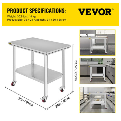 VEVOR 36x24x33.5 inch Stainless Steel Work Table with Wheels Prep Table with casters Heavy Duty Work Table for Commercial Kitchen Restaurant Business Garage 350 lb Capacity VEVOR