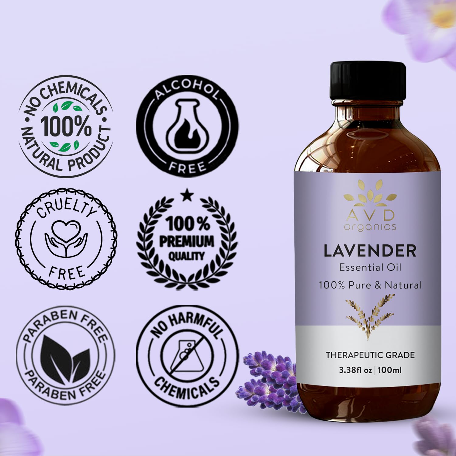 AVD Organics Lavender Essential Oils 100ml | 100% Pure & Natural Lavender Oil Skin | Massage, Aromatherapy, Diffuser, Laundry & Meditation | 3.38 fl. oz