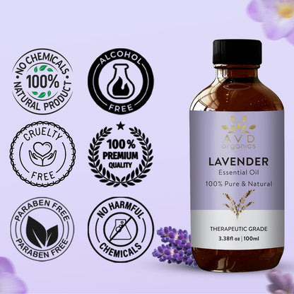 AVD Organics Lavender Essential Oils 100ml | 100% Pure & Natural Lavender Oil Skin | Massage, Aromatherapy, Diffuser, Laundry & Meditation | 3.38 fl. oz