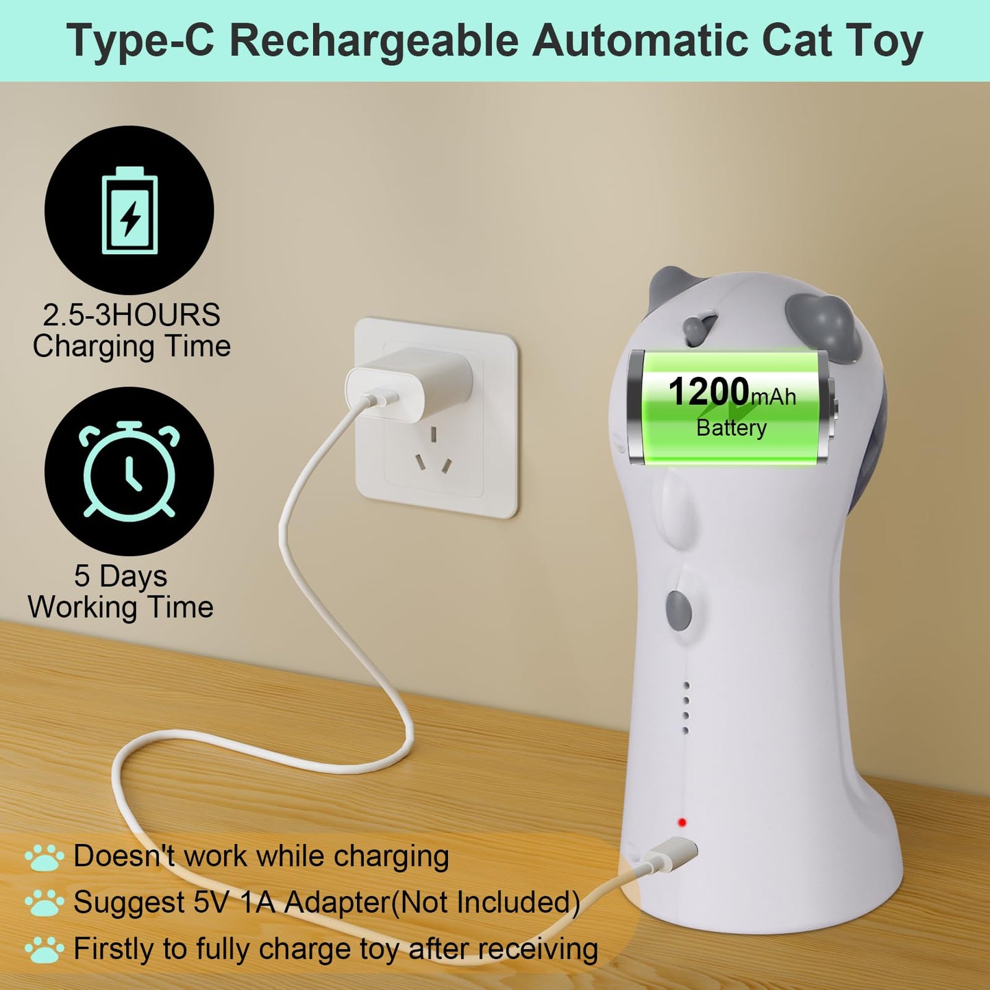 TBTeek Cat Toy, Automatic Motion-Activated, 5 Fun Patterns, 4 Speed Modes, Adjustable Light Angles, Random Rotating Trajectory, Rechargeable - Available at All In One Marketplace Canada