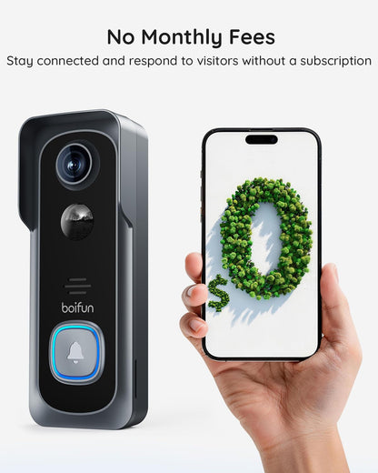 BOIFUN Video Doorbell Camera Wireless – No Subscription Required, 2K HD, 166° Wide View, HDR Night Vision, Motion Alerts, Two-Way Audio & Package Watch with Chime, Battery Powered, 2.4 GHz Wi-Fi Only - Available at All In One Marketplace Canada