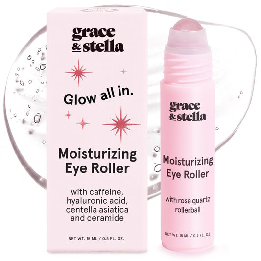 grace & stella Eye Serum Roller with Rose Quartz Rollerball - Hyaluronic Acid & Caffeine Under Eye Cream for Dark Circles & Puffiness - Airplane Travel Essentials - Vegan Skincare (15ml / 0.51floz)